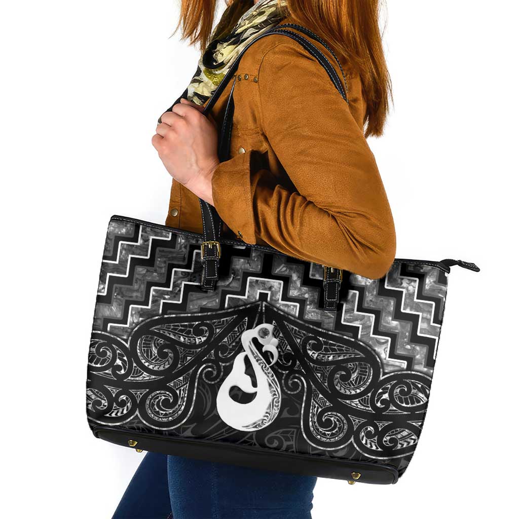 New Zealand Maori Leather Tote Bag Poutama Manaia Black Paua Shell