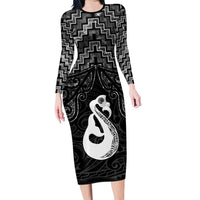 New Zealand Maori Long Sleeve Bodycon Dress Poutama Manaia Black Paua Shell LT05 Long Dress Black - Polynesian Pride