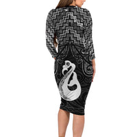 New Zealand Maori Long Sleeve Bodycon Dress Poutama Manaia Black Paua Shell LT05 - Polynesian Pride