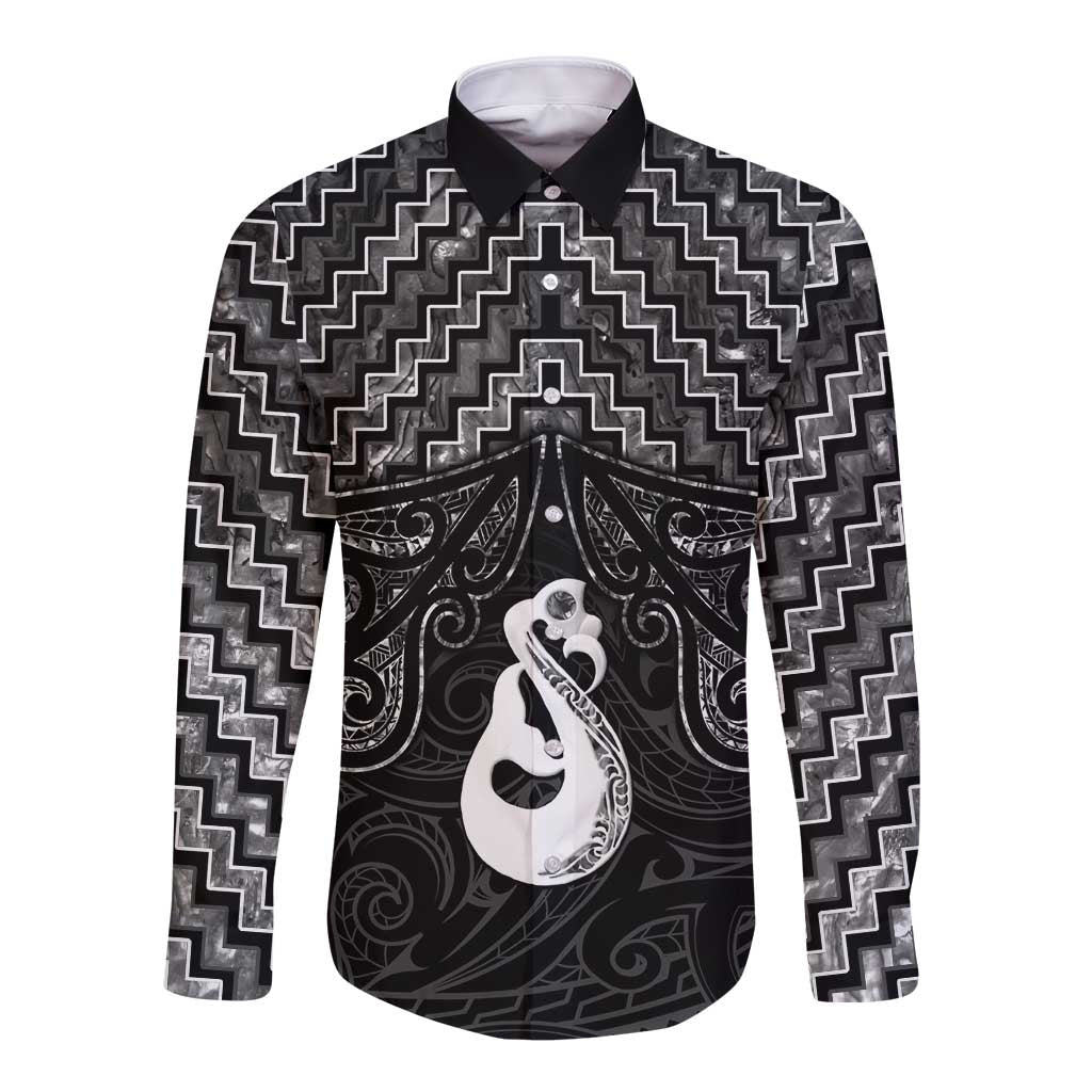 New Zealand Maori Long Sleeve Button Shirt Poutama Manaia Black Paua Shell