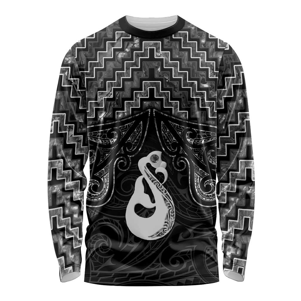 New Zealand Maori Long Sleeve Shirt Poutama Manaia Black Paua Shell