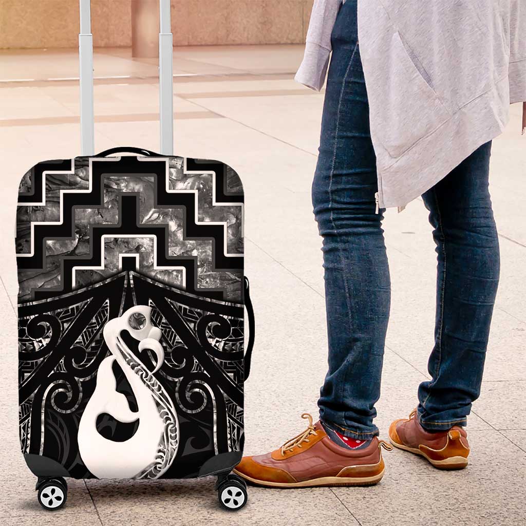 New Zealand Maori Luggage Cover Poutama Manaia Black Paua Shell