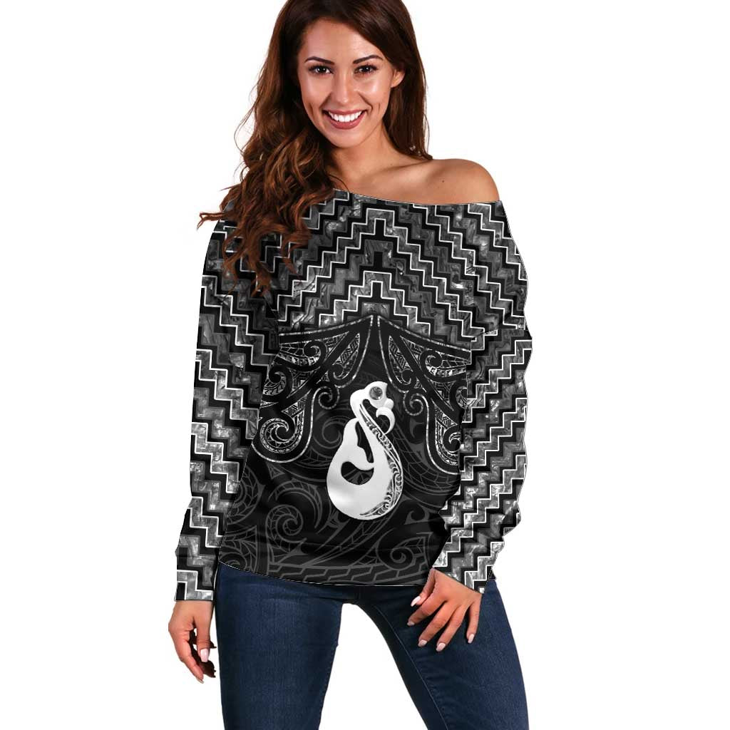 New Zealand Maori Off Shoulder Sweater Poutama Manaia Black Paua Shell