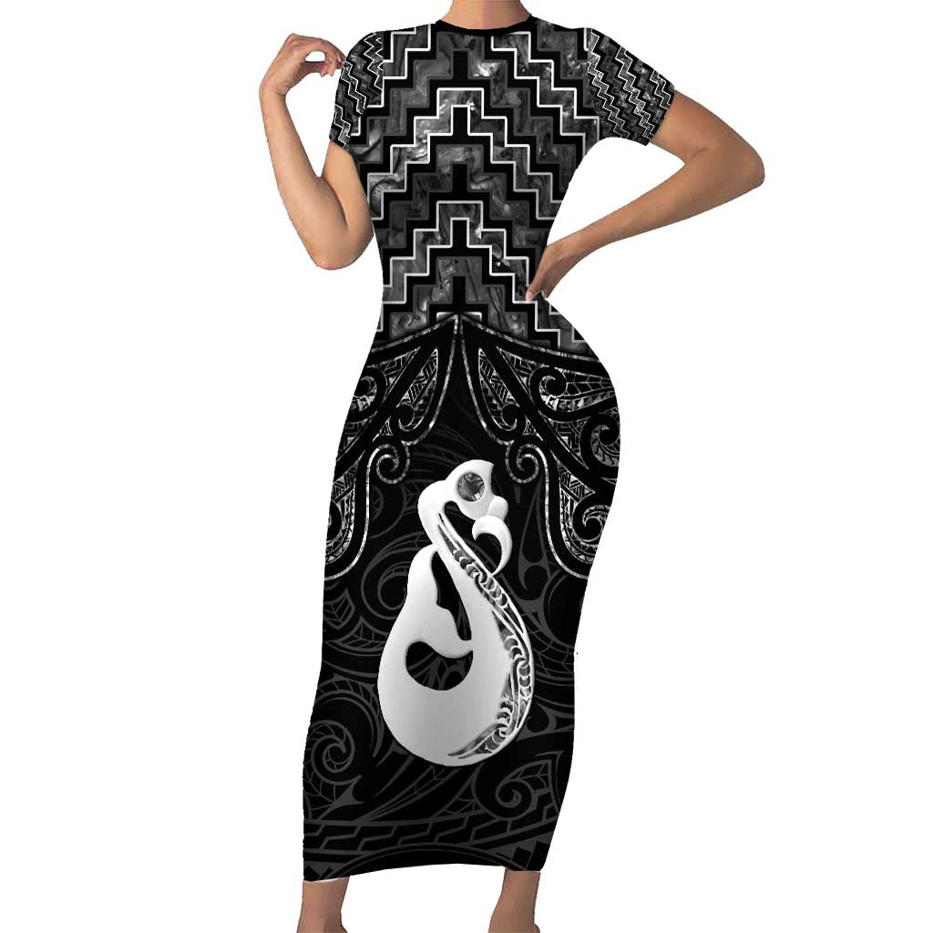 New Zealand Maori Short Sleeve Bodycon Dress Poutama Manaia Black Paua Shell