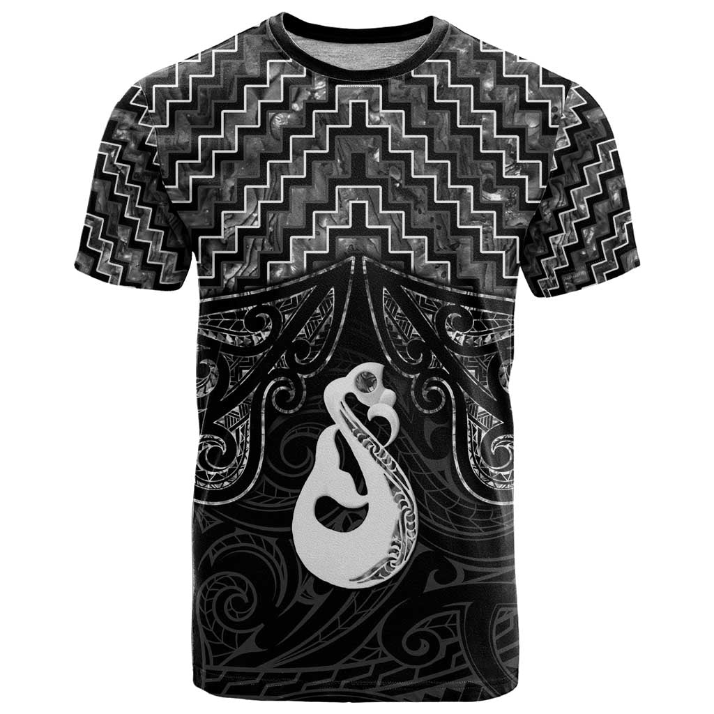 New Zealand Maori T Shirt Poutama Manaia Black Paua Shell