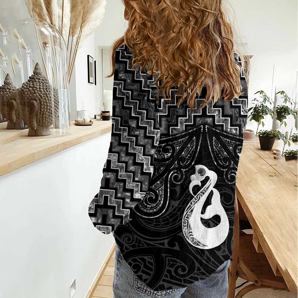 New Zealand Maori Women Casual Shirt Poutama Manaia Black Paua Shell LT05 - Polynesian Pride