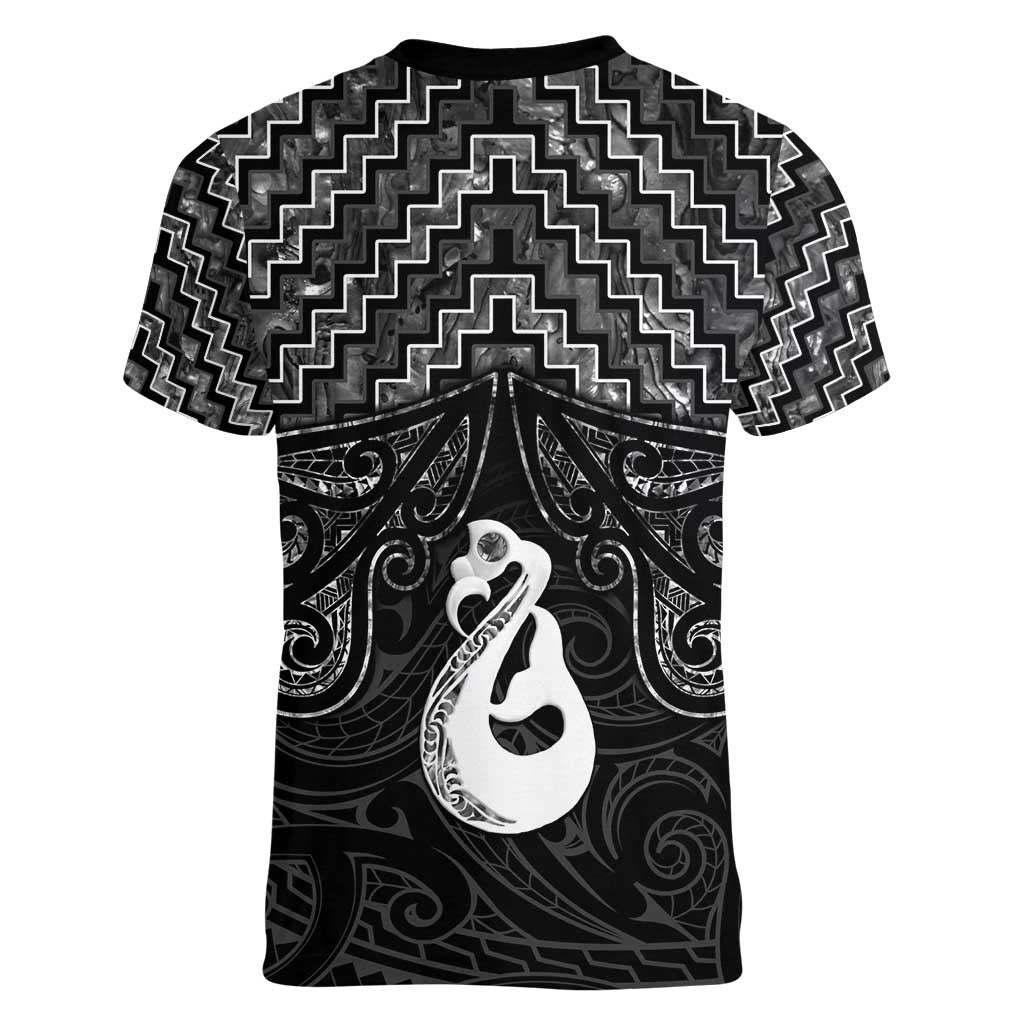 New Zealand Maori Women V-Neck T-Shirt Poutama Manaia Black Paua Shell LT05 - Polynesian Pride