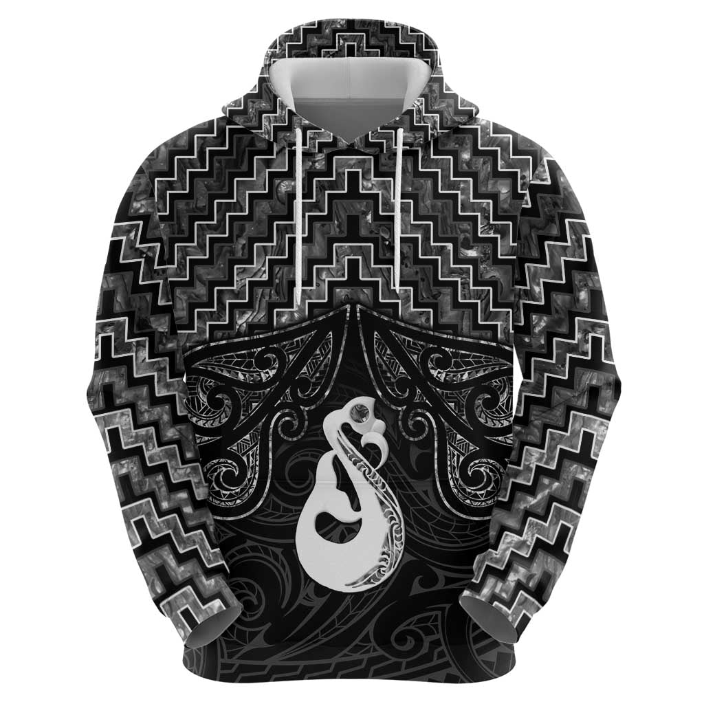 New Zealand Maori Zip Hoodie Poutama Manaia Black Paua Shell