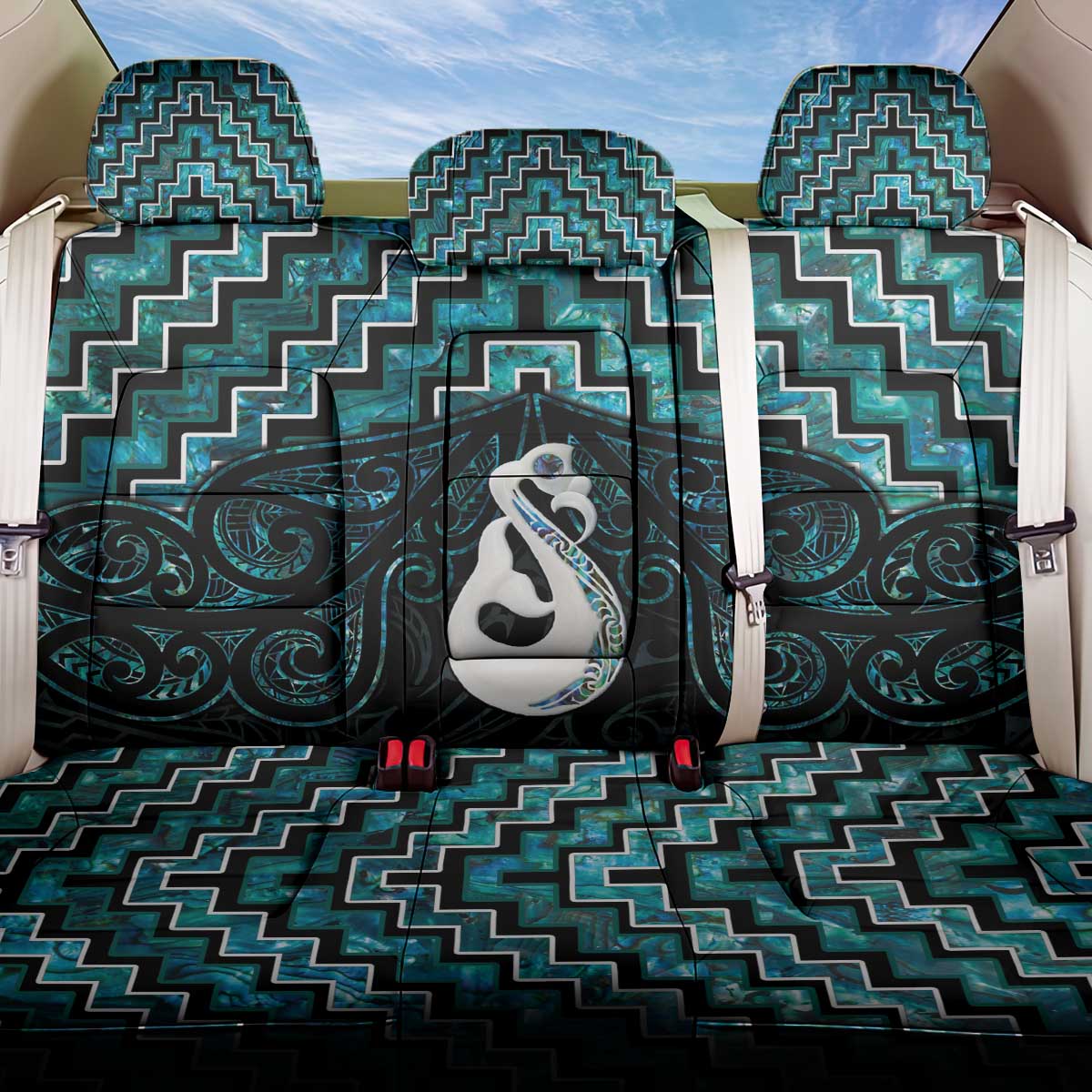 New Zealand Maori Back Car Seat Cover Poutama Manaia Turquoise Paua Shell