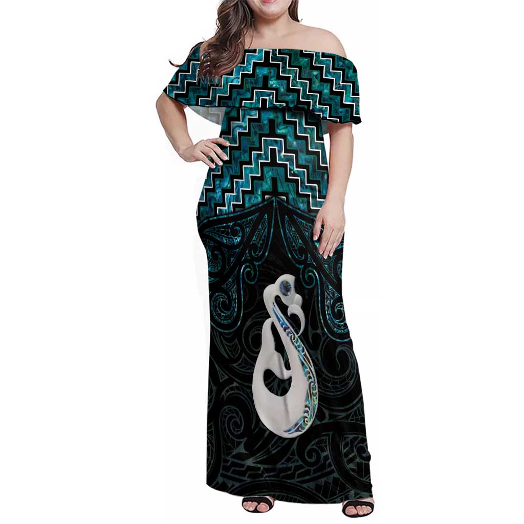 New Zealand Maori Family Matching Off Shoulder Maxi Dress and Hawaiian Shirt Poutama Manaia Turquoise Paua Shell LT05 Mom's Dress Turquoise - Polynesian Pride