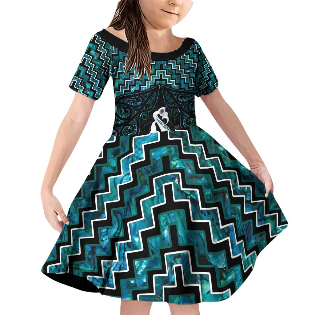 New Zealand Maori Family Matching Off Shoulder Short Dress and Hawaiian Shirt Poutama Manaia Turquoise Paua Shell LT05 Daughter's Dress Turquoise - Polynesian Pride