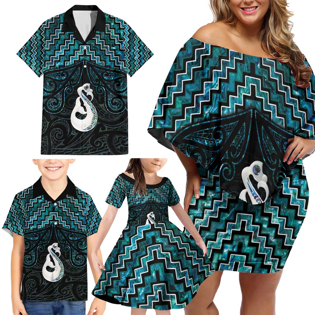 New Zealand Maori Family Matching Off Shoulder Short Dress and Hawaiian Shirt Poutama Manaia Turquoise Paua Shell LT05 - Polynesian Pride