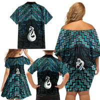 New Zealand Maori Family Matching Off Shoulder Short Dress and Hawaiian Shirt Poutama Manaia Turquoise Paua Shell LT05 - Polynesian Pride