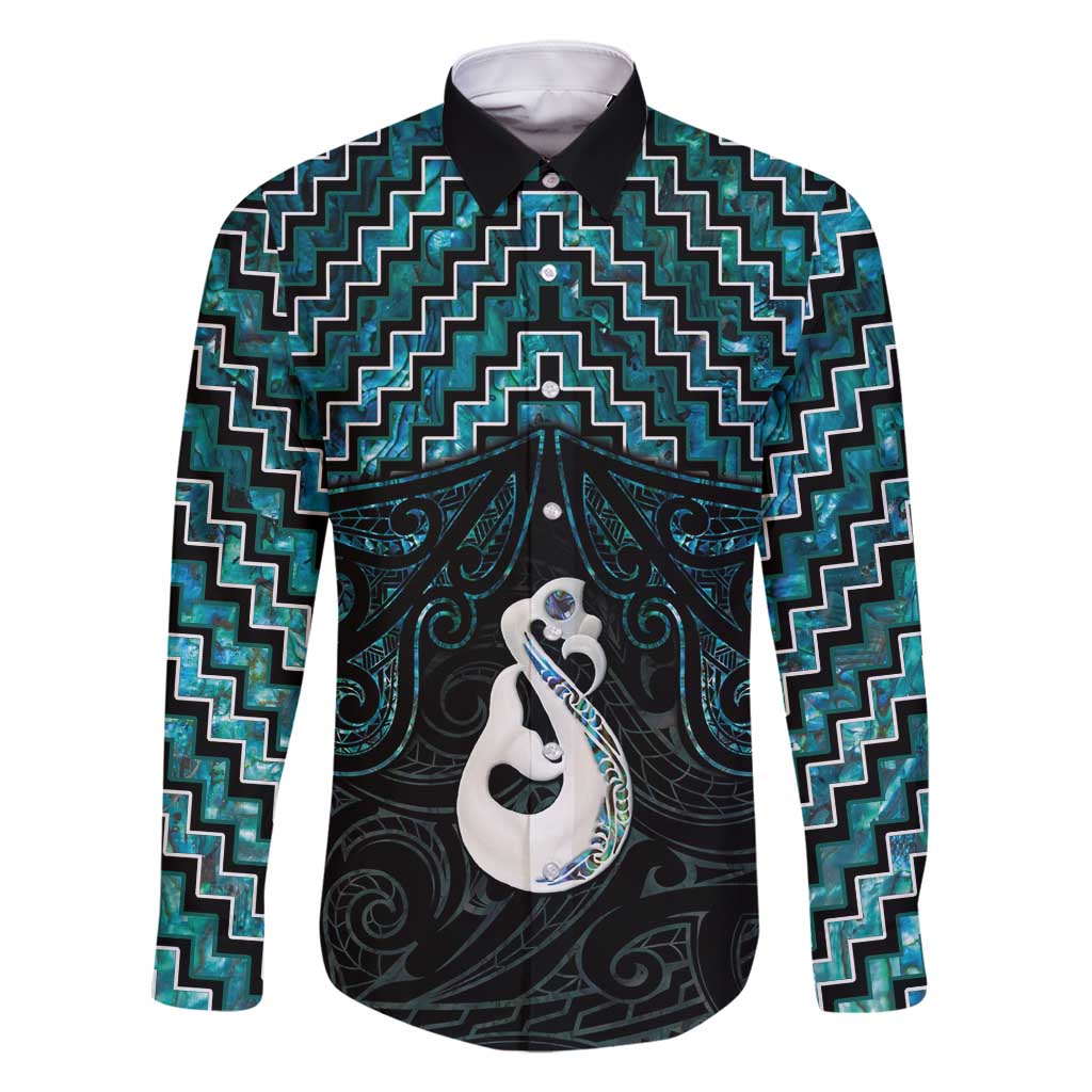 New Zealand Maori Family Matching Off Shoulder Short Dress and Hawaiian Shirt Poutama Manaia Turquoise Paua Shell LT05 Dad's Shirt - Long Sleeve Turquoise - Polynesian Pride