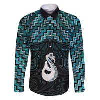 New Zealand Maori Family Matching Off Shoulder Short Dress and Hawaiian Shirt Poutama Manaia Turquoise Paua Shell LT05 Dad's Shirt - Long Sleeve Turquoise - Polynesian Pride