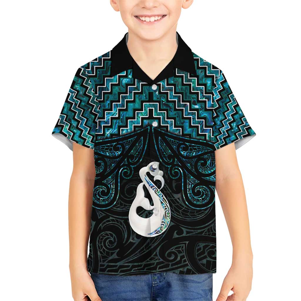 New Zealand Maori Family Matching Off Shoulder Short Dress and Hawaiian Shirt Poutama Manaia Turquoise Paua Shell LT05 Son's Shirt Turquoise - Polynesian Pride
