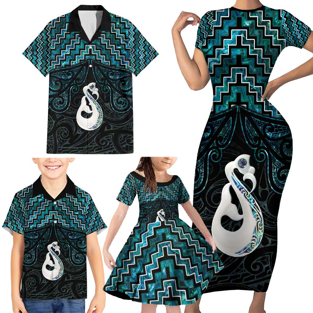 New Zealand Maori Family Matching Short Sleeve Bodycon Dress and Hawaiian Shirt Poutama Manaia Turquoise Paua Shell LT05 - Polynesian Pride