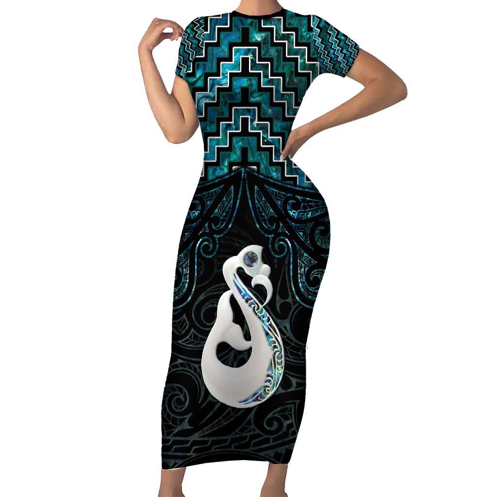 New Zealand Maori Family Matching Short Sleeve Bodycon Dress and Hawaiian Shirt Poutama Manaia Turquoise Paua Shell LT05 Mom's Dress Turquoise - Polynesian Pride