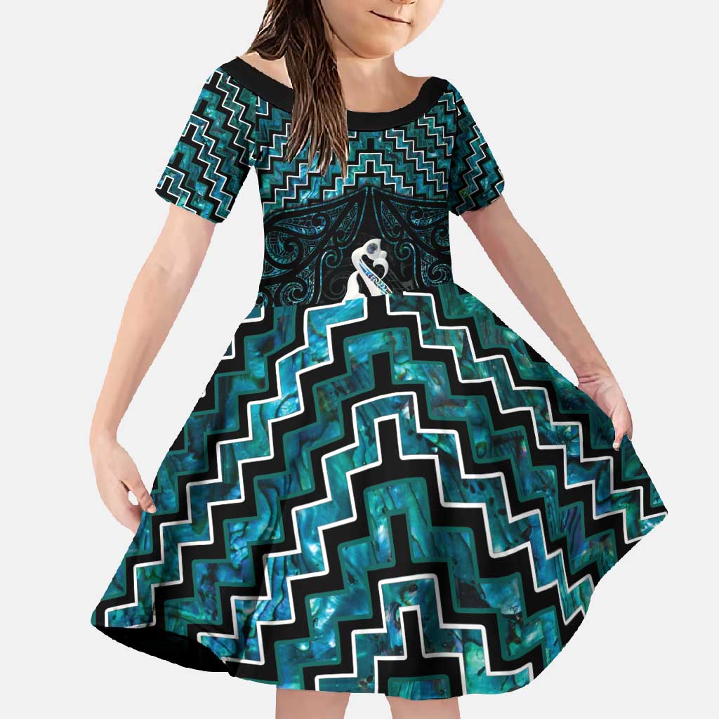 New Zealand Maori Family Matching Summer Maxi Dress and Hawaiian Shirt Poutama Manaia Turquoise Paua Shell LT05 Daughter's Dress Turquoise - Polynesian Pride