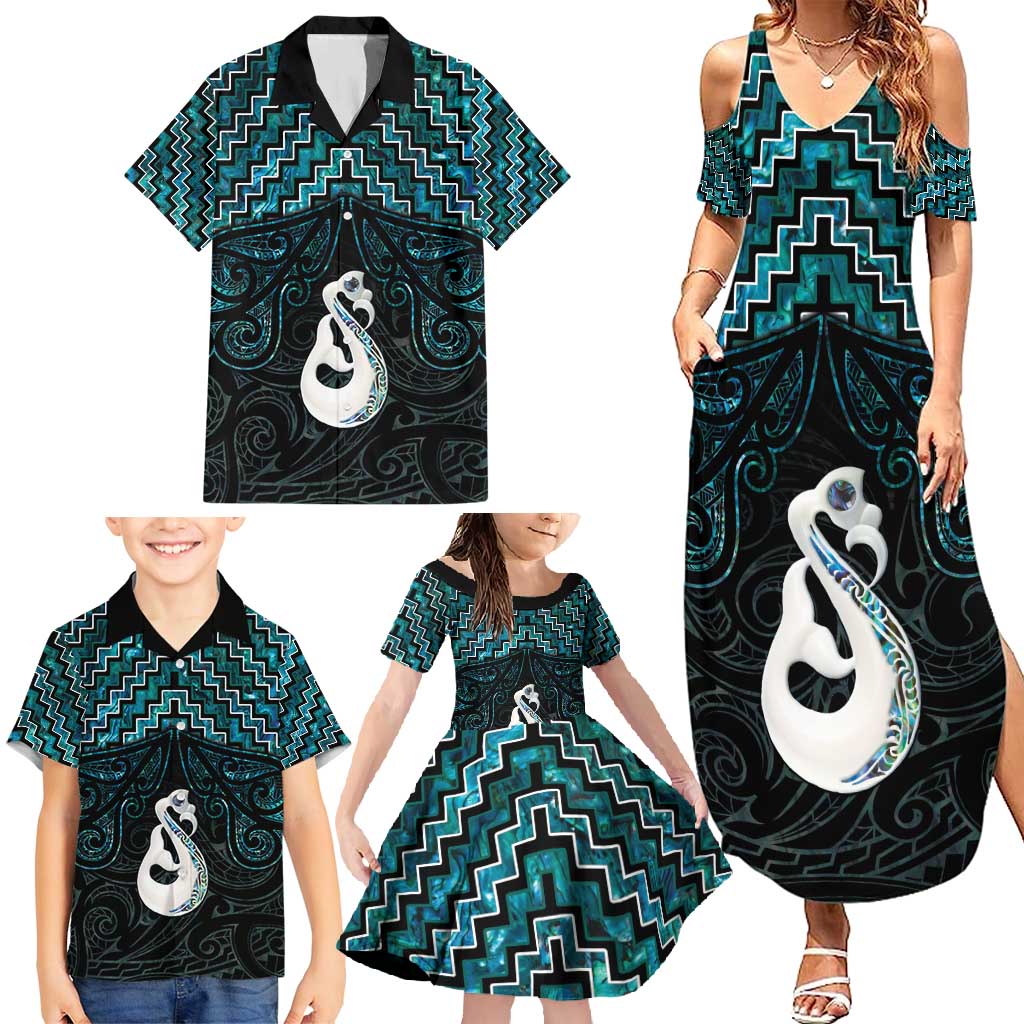 New Zealand Maori Family Matching Summer Maxi Dress and Hawaiian Shirt Poutama Manaia Turquoise Paua Shell LT05 - Polynesian Pride