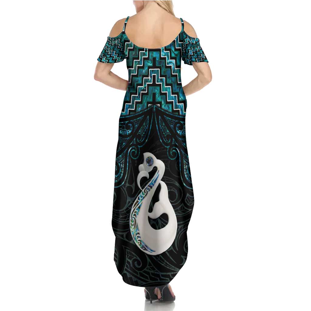New Zealand Maori Family Matching Summer Maxi Dress and Hawaiian Shirt Poutama Manaia Turquoise Paua Shell LT05 - Polynesian Pride
