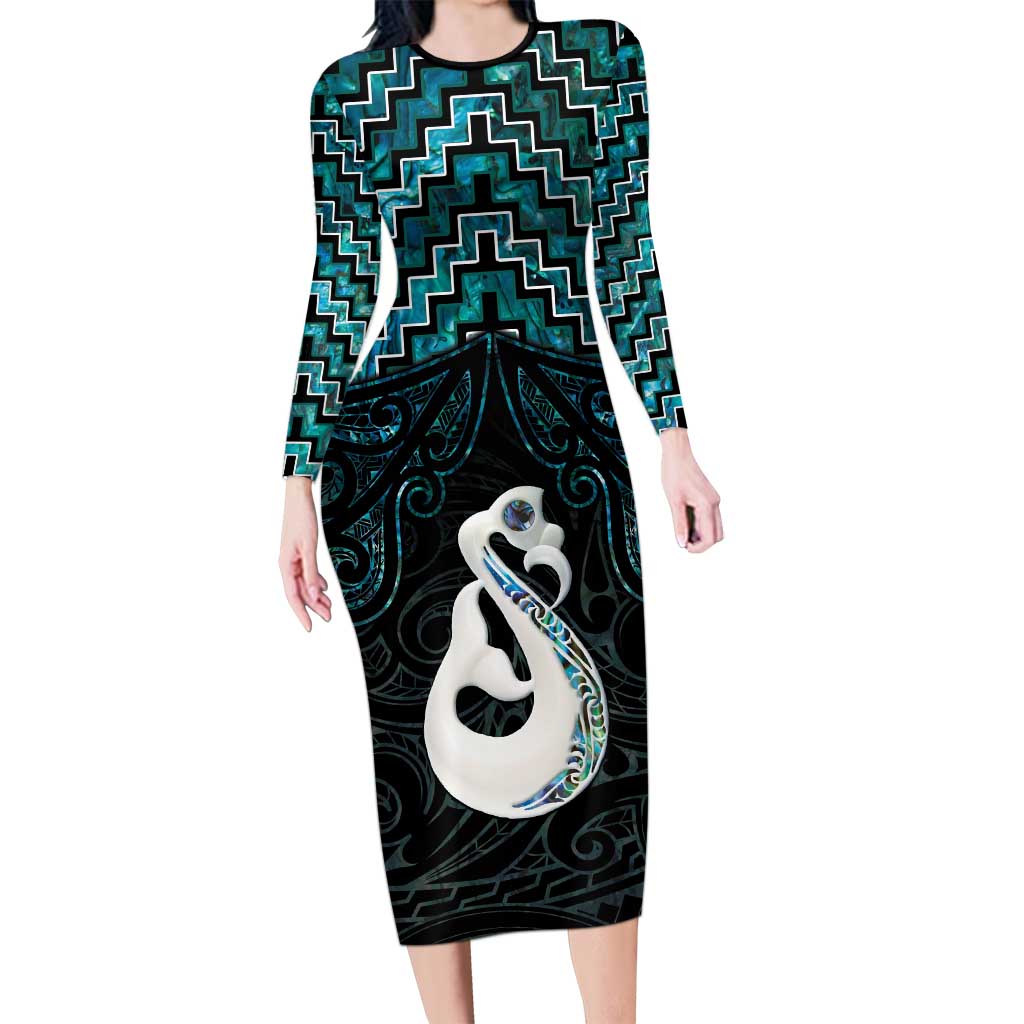New Zealand Maori Long Sleeve Bodycon Dress Poutama Manaia Turquoise Paua Shell LT05 Long Dress Turquoise - Polynesian Pride