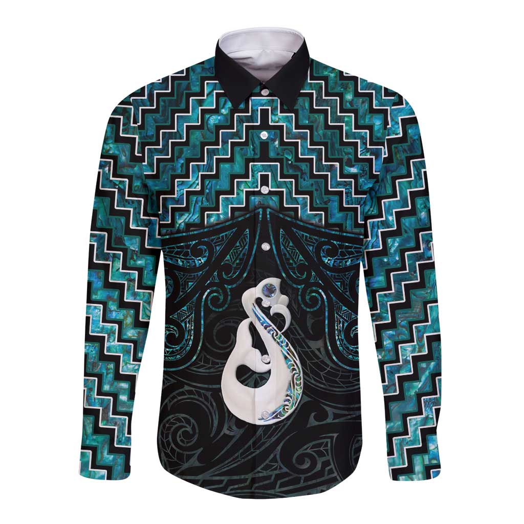 New Zealand Maori Long Sleeve Button Shirt Poutama Manaia Turquoise Paua Shell