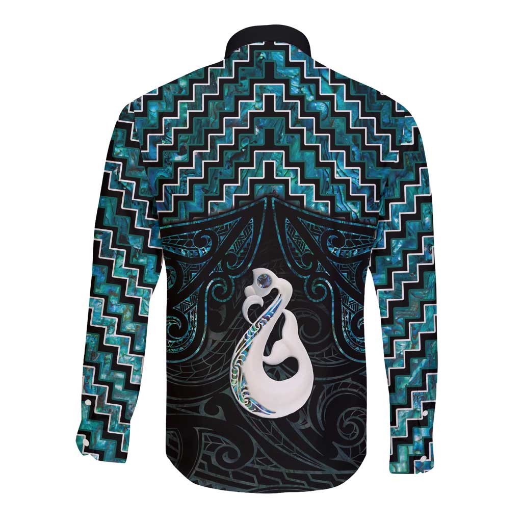 New Zealand Maori Long Sleeve Button Shirt Poutama Manaia Turquoise Paua Shell