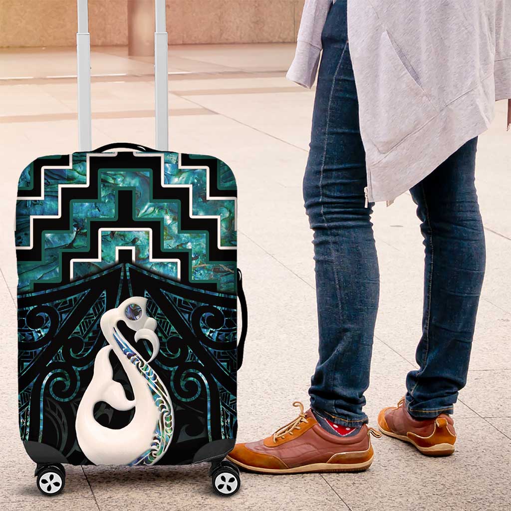 New Zealand Maori Luggage Cover Poutama Manaia Turquoise Paua Shell