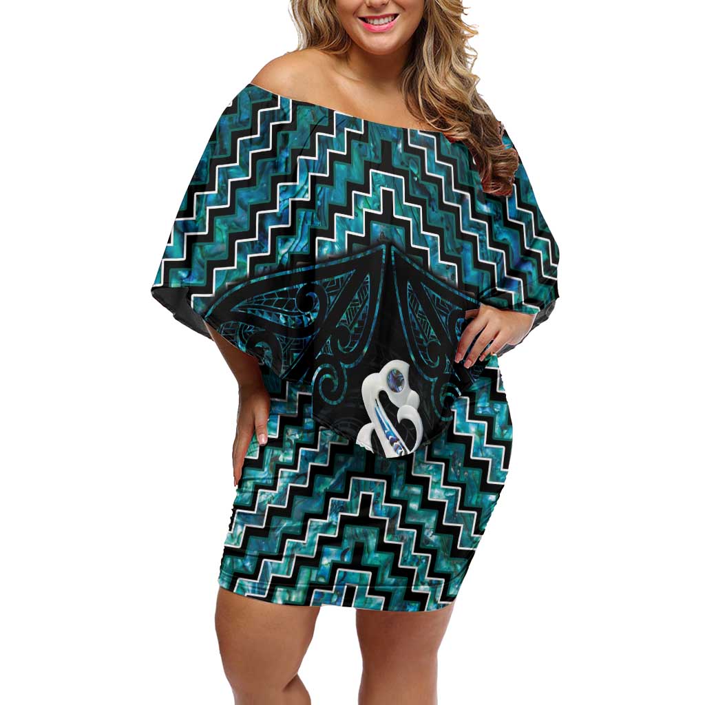 New Zealand Maori Off Shoulder Short Dress Poutama Manaia Turquoise Paua Shell