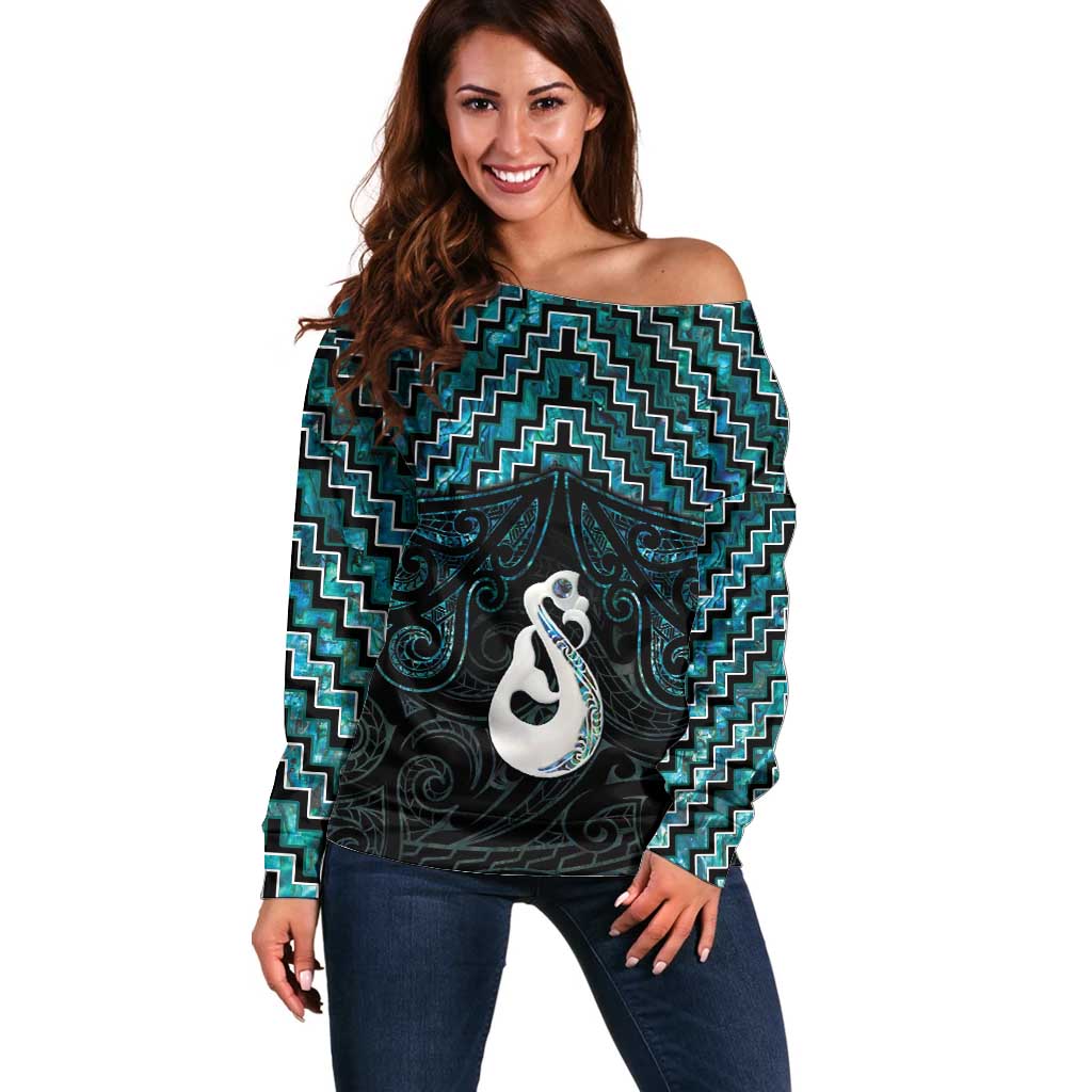 New Zealand Maori Off Shoulder Sweater Poutama Manaia Turquoise Paua Shell