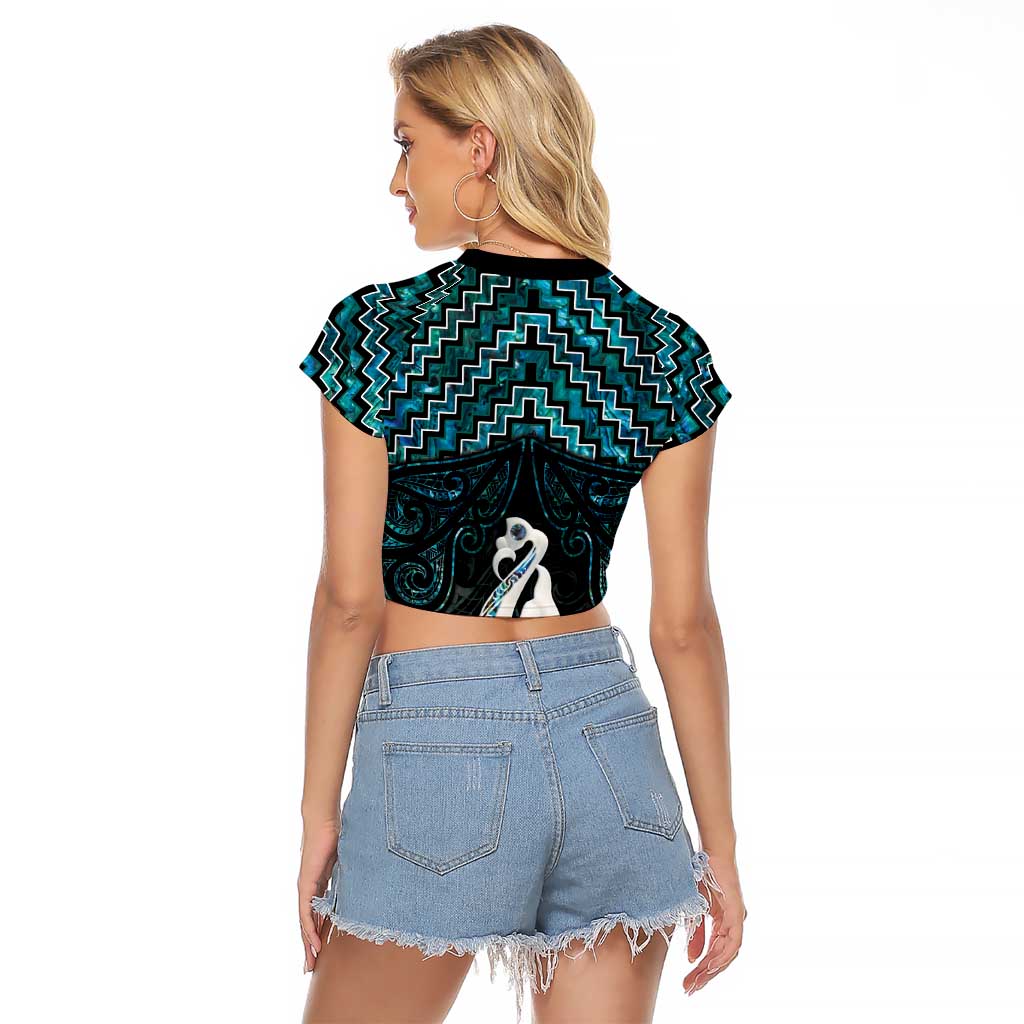 New Zealand Maori Raglan Cropped T Shirt Poutama Manaia Turquoise Paua Shell LT05 - Polynesian Pride
