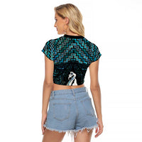 New Zealand Maori Raglan Cropped T Shirt Poutama Manaia Turquoise Paua Shell LT05 - Polynesian Pride
