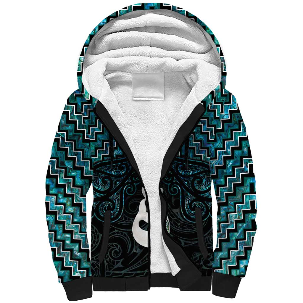 New Zealand Maori Sherpa Hoodie Poutama Manaia Turquoise Paua Shell