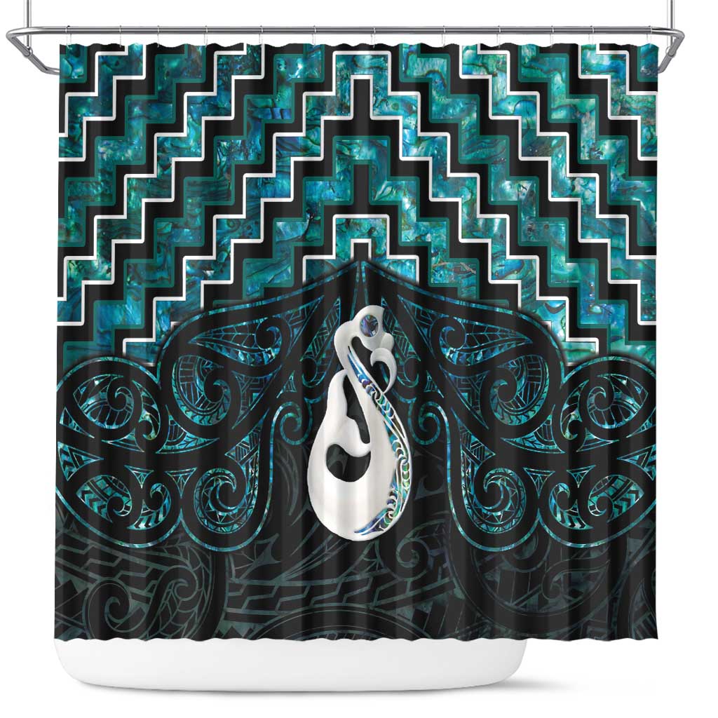 New Zealand Maori Shower Curtain Poutama Manaia Turquoise Paua Shell