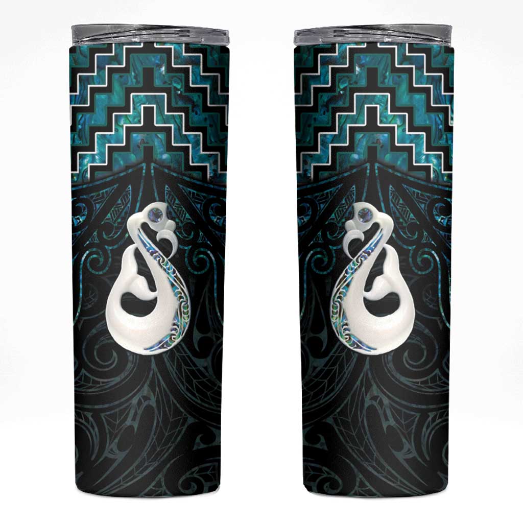 New Zealand Maori Skinny Tumbler Poutama Manaia Turquoise Paua Shell LT05 Turquoise - Polynesian Pride