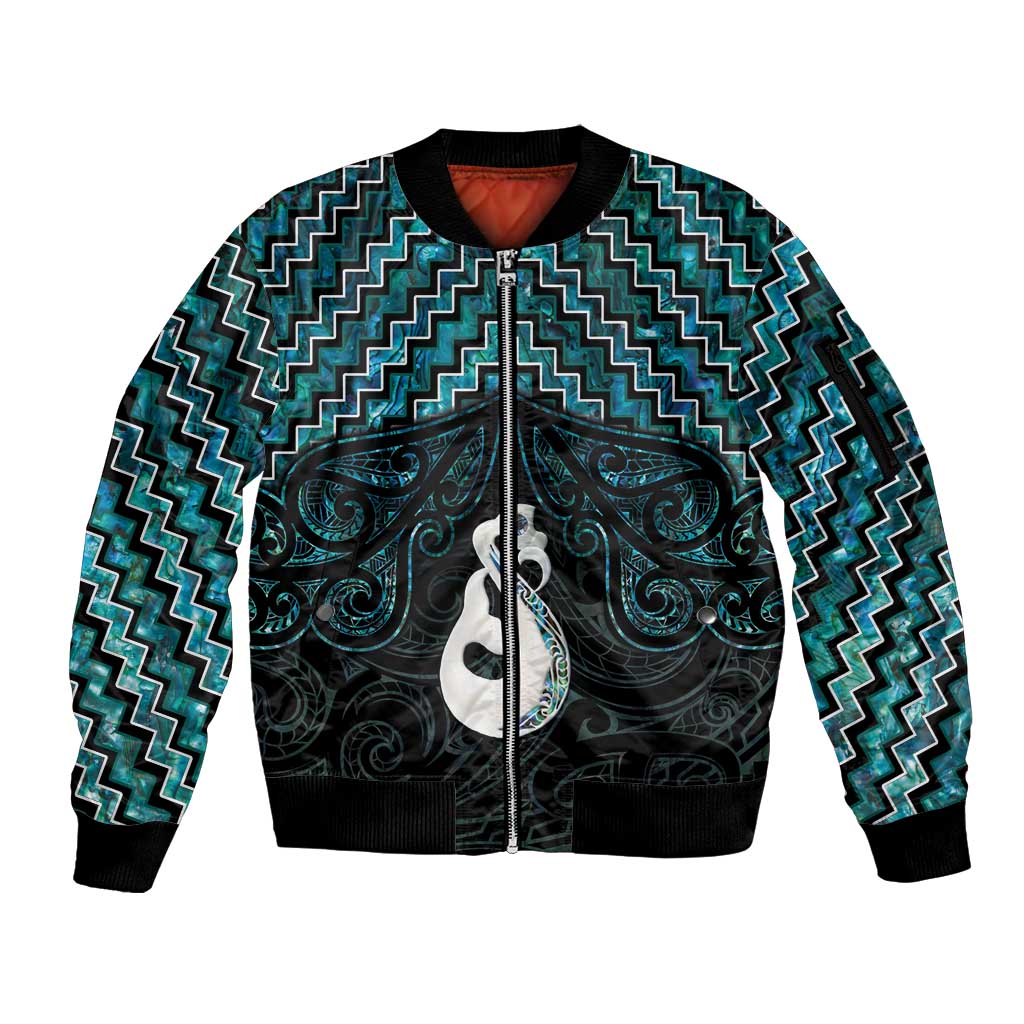 New Zealand Maori Sleeve Zip Bomber Jacket Poutama Manaia Turquoise Paua Shell