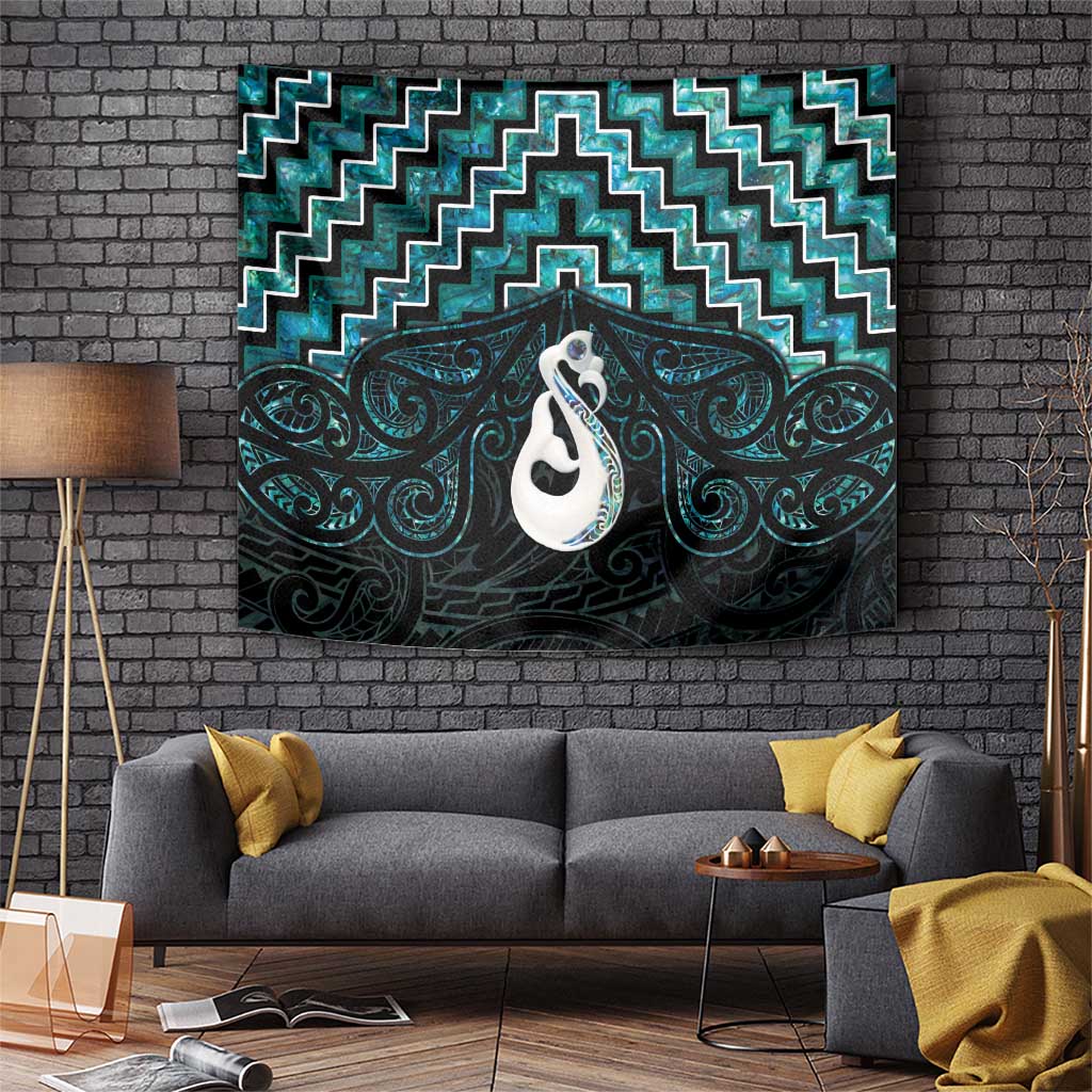 New Zealand Maori Tapestry Poutama Manaia Turquoise Paua Shell