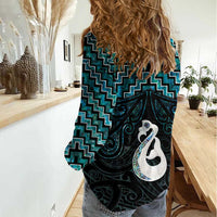 New Zealand Maori Women Casual Shirt Poutama Manaia Turquoise Paua Shell LT05 - Polynesian Pride