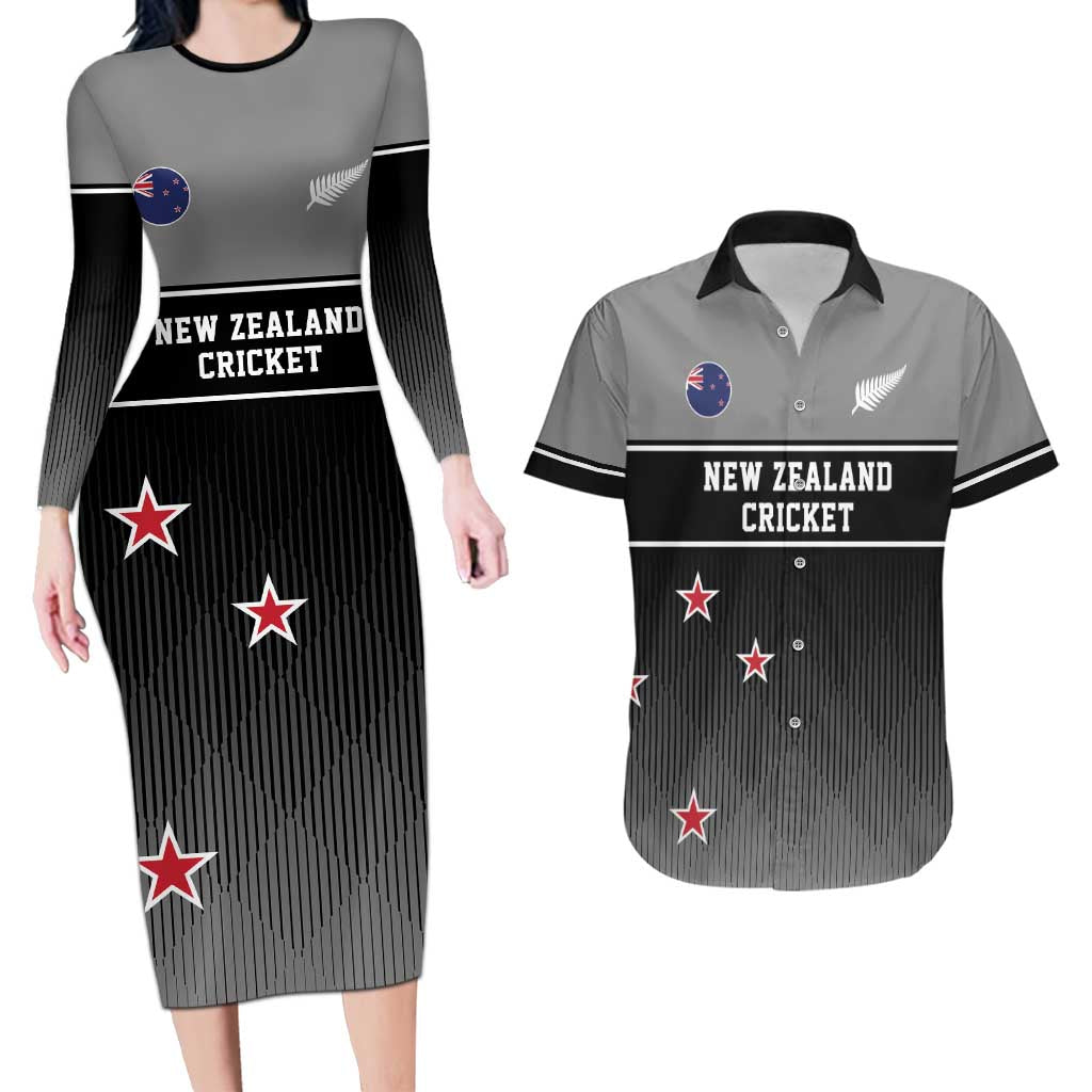 Custom New Zealand Cricket Couples Matching Long Sleeve Bodycon Dress and Hawaiian Shirt Black Cap Unbeatable LT05 Black - Polynesian Pride