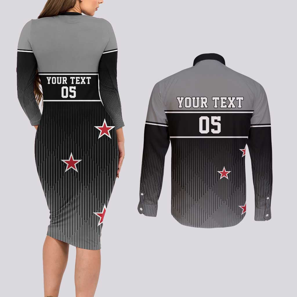 Custom New Zealand Cricket Couples Matching Long Sleeve Bodycon Dress and Long Sleeve Button Shirt Black Cap Unbeatable