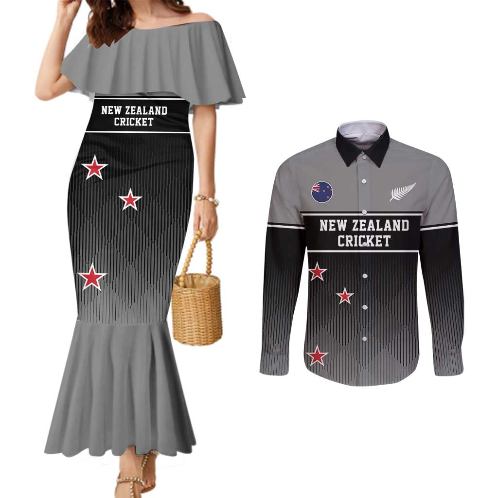 Custom New Zealand Cricket Couples Matching Mermaid Dress and Long Sleeve Button Shirt Black Cap Unbeatable