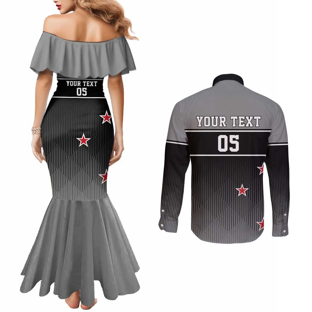 Custom New Zealand Cricket Couples Matching Mermaid Dress and Long Sleeve Button Shirt Black Cap Unbeatable