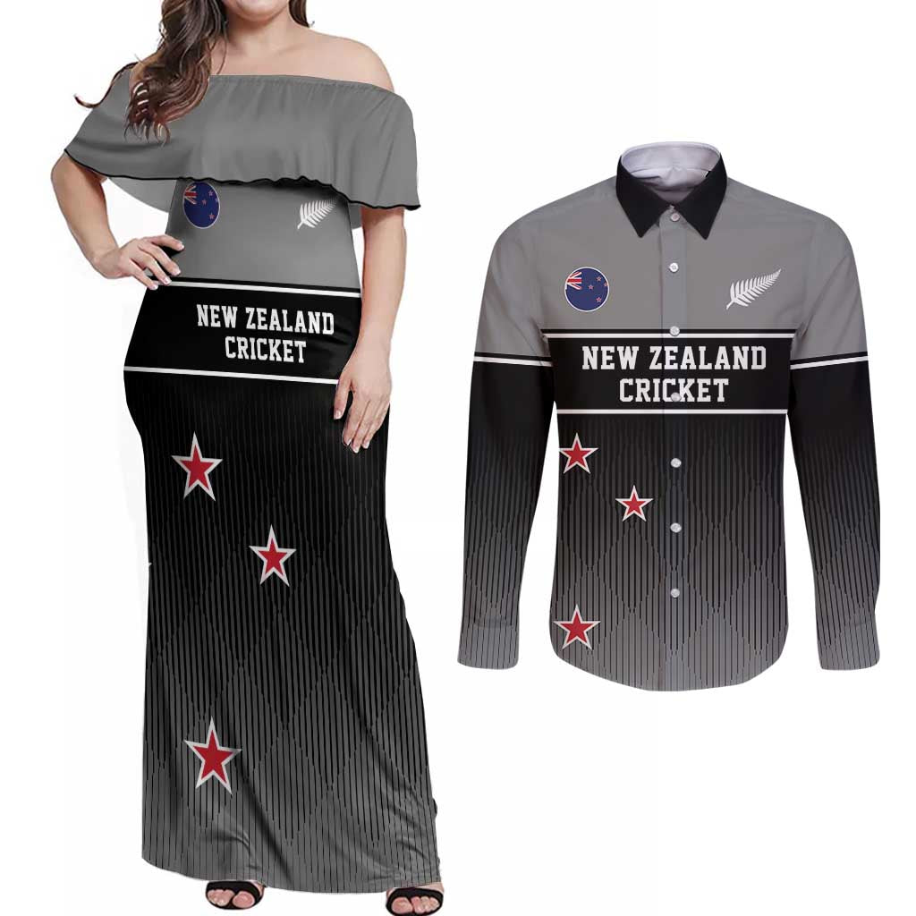 Custom New Zealand Cricket Couples Matching Off Shoulder Maxi Dress and Long Sleeve Button Shirt Black Cap Unbeatable