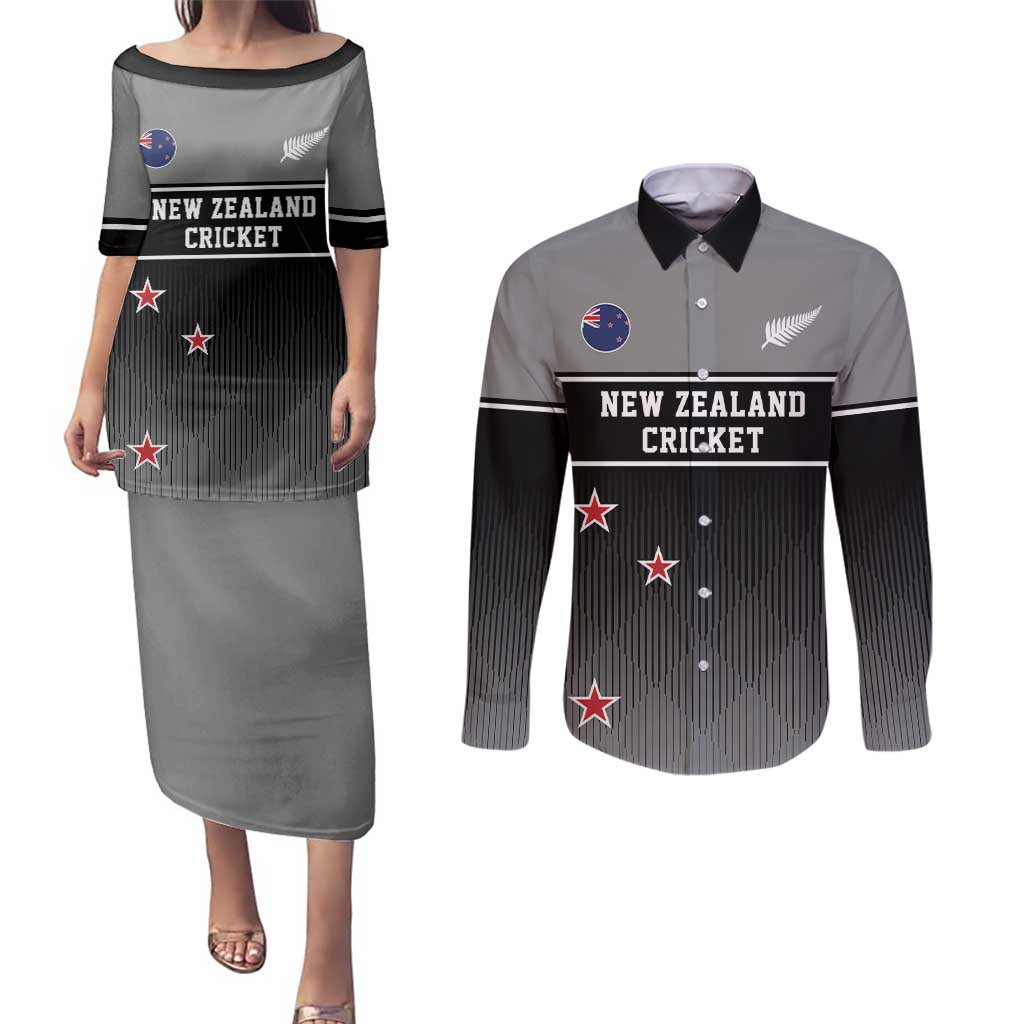Custom New Zealand Cricket Couples Matching Puletasi and Long Sleeve Button Shirt Black Cap Unbeatable