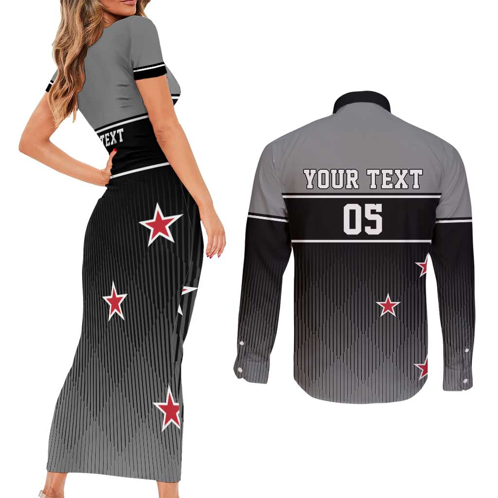 Custom New Zealand Cricket Couples Matching Short Sleeve Bodycon Dress and Long Sleeve Button Shirt Black Cap Unbeatable