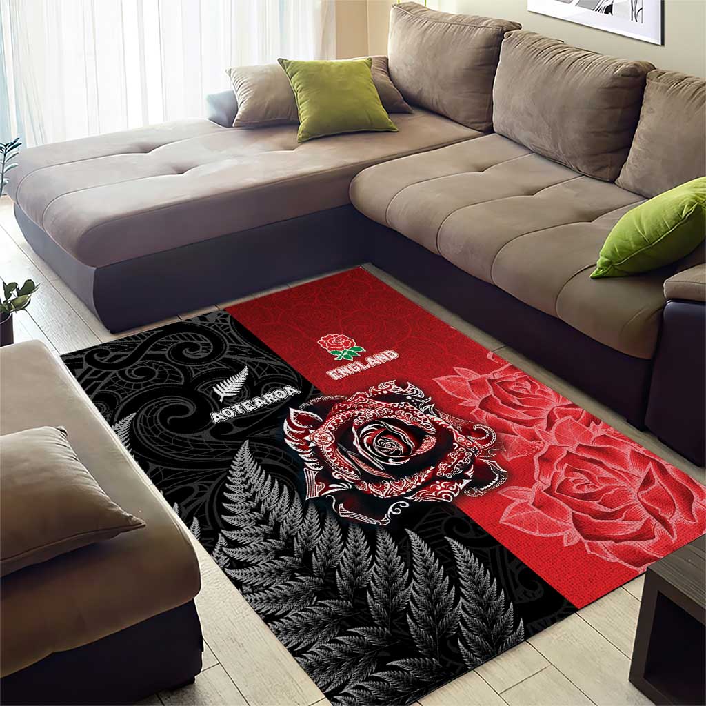 New Zealand And England Rugby Area Rug Red Rose Mix Maori Pattern LT05 - Polynesian Pride