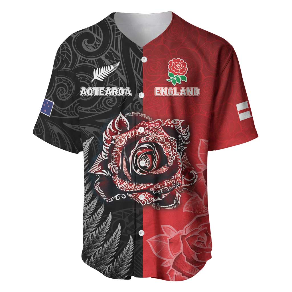New Zealand And England Rugby Custom Baseball Jersey Red Rose Mix Maori Pattern - Polynesian Pride