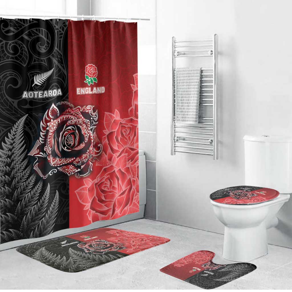 New Zealand And England Rugby Bathroom Set Red Rose Mix Maori Pattern - Polynesian Pride