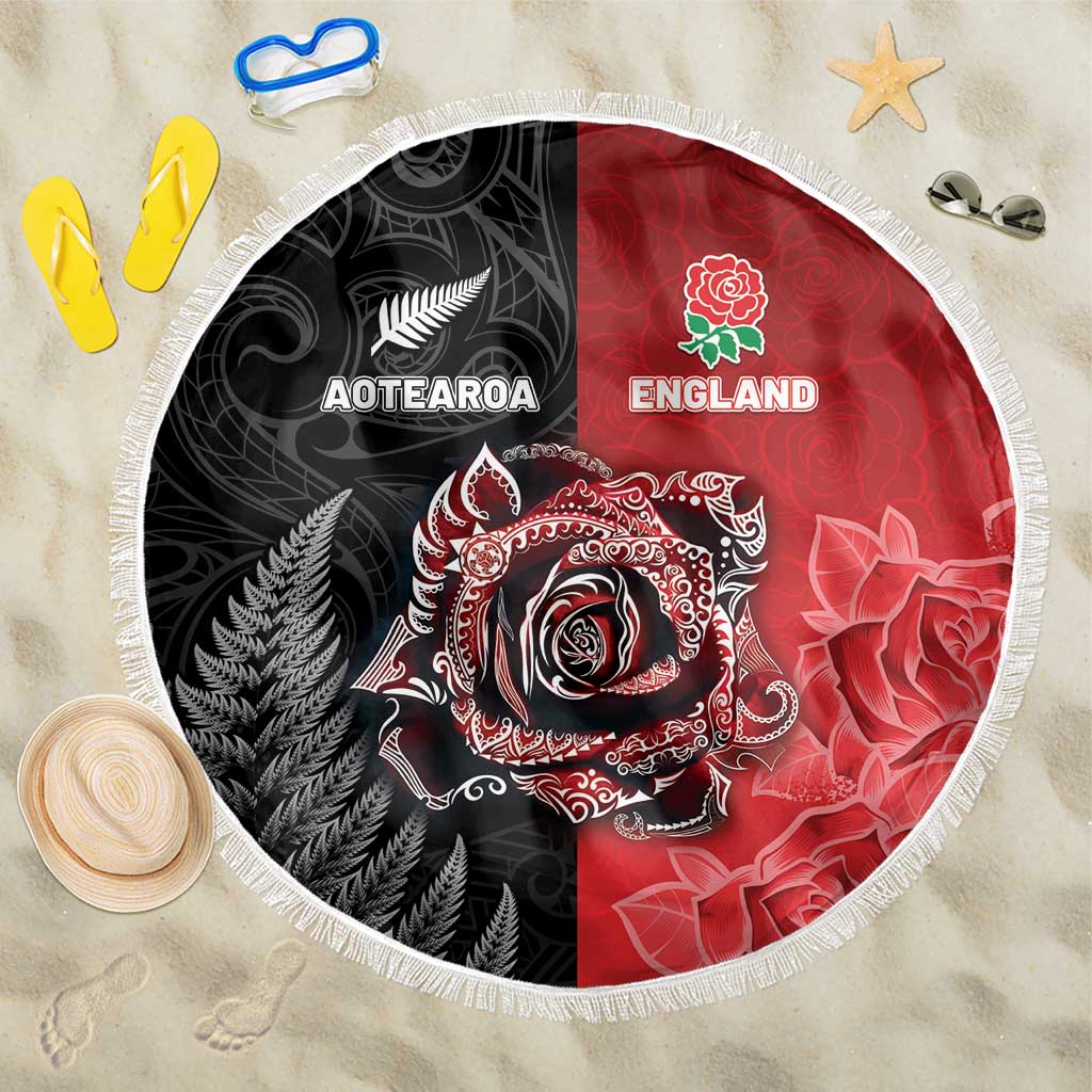 New Zealand And England Rugby Beach Blanket Red Rose Mix Maori Pattern LT05 One Size 150cm Black - Polynesian Pride